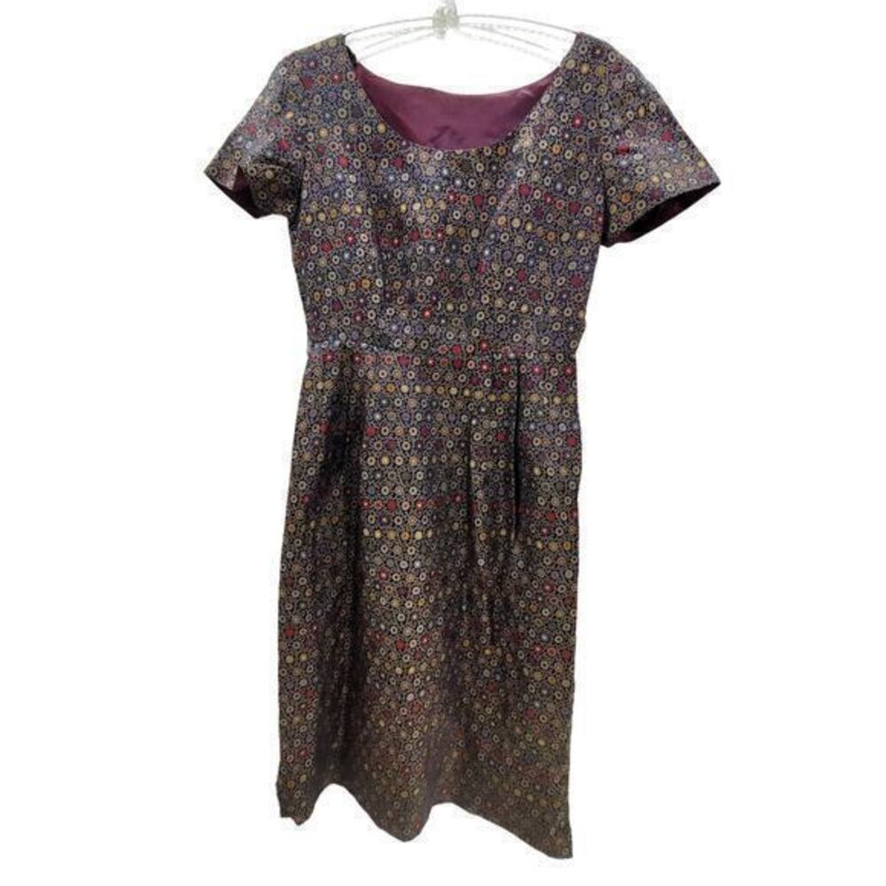 Vintage Jewel Tones Multi Color Jacquard Short Sleeve‎ Side Zip A-Line Dress